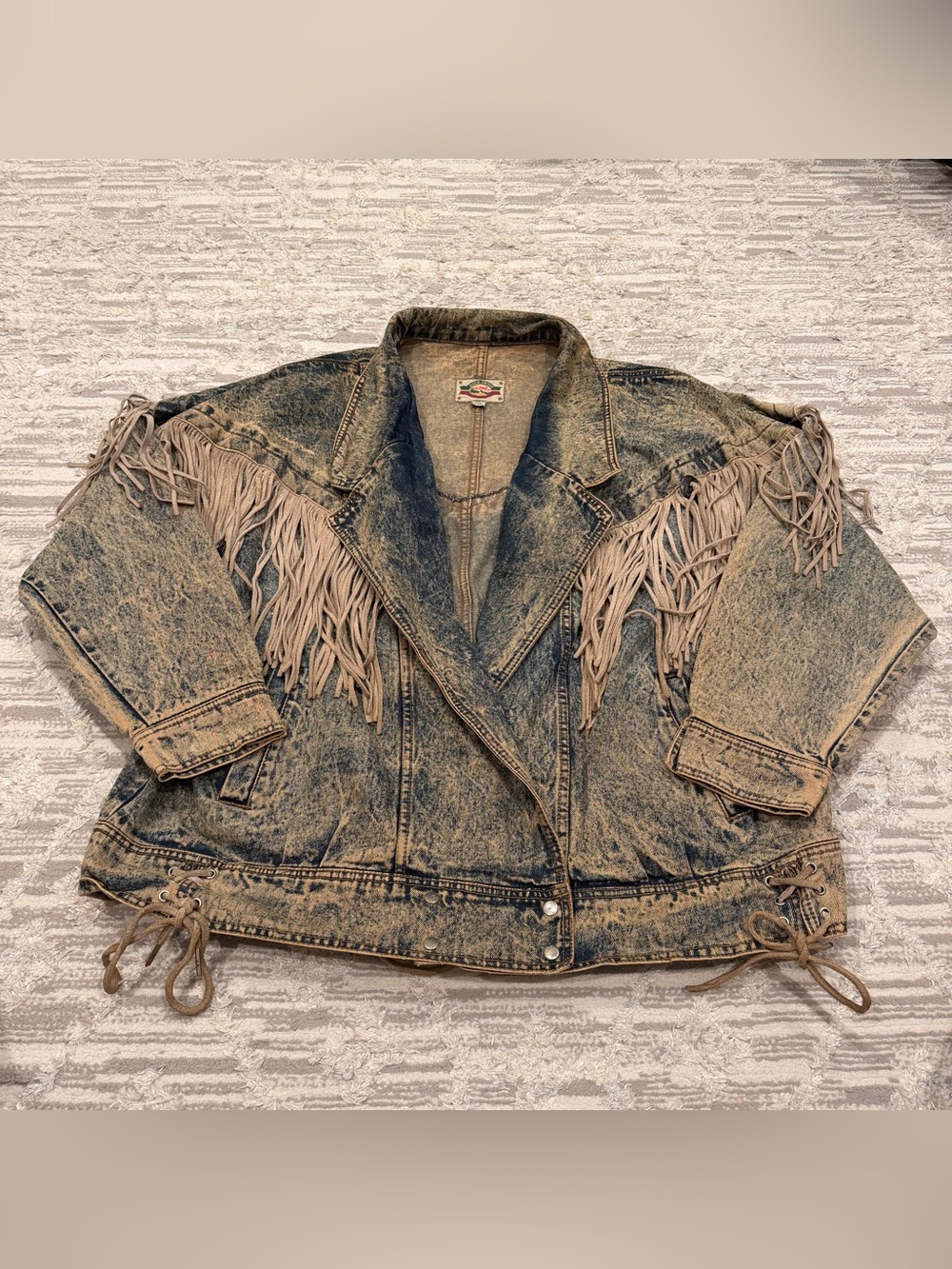 Vintage 80s Rock Creek Acid Washed Leather Fringe Denim Jacket Women’s 22W Rare